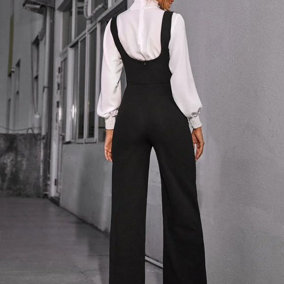 Black Elegant Women's High Waist Button Front Wide Leg Suspender Jumpsuit - Picture 2 of 5